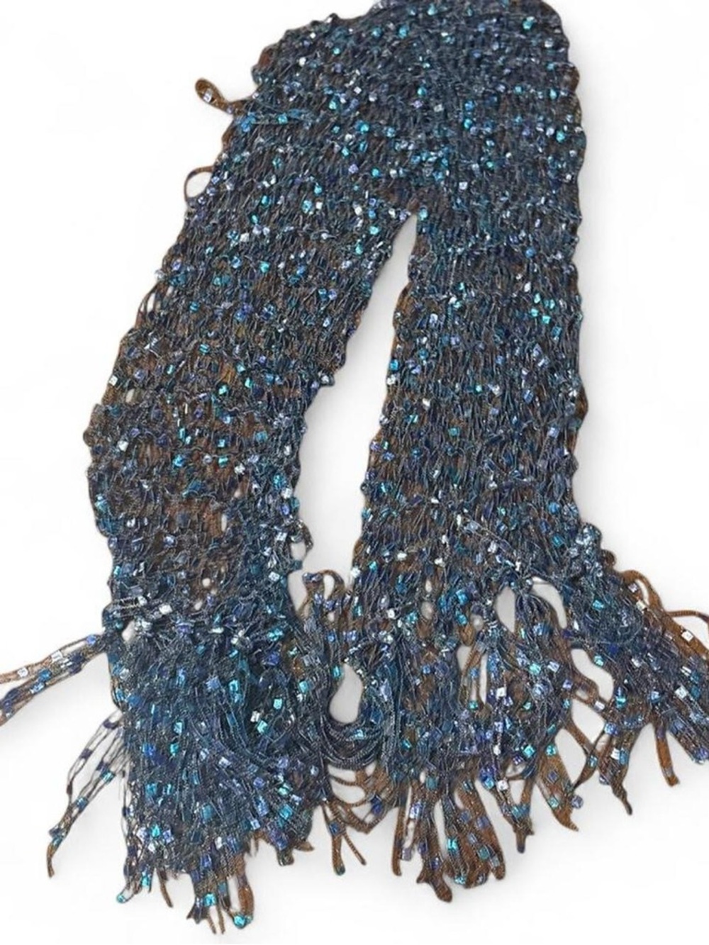 Metallic Blue Fringe Knit Scarf - Women's Accessory